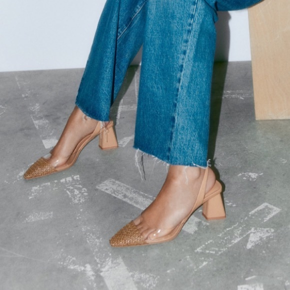 Zara nude / beige clear pvc straw detail slingback block heels - Picture 4 of 6